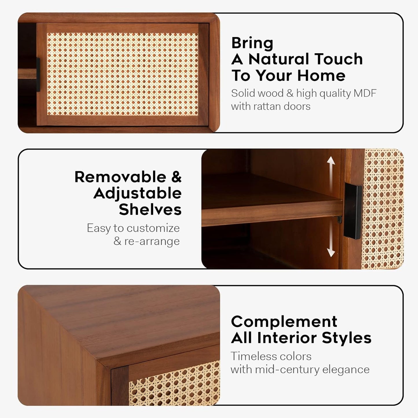 Wooden cabinet with rattan doors and adjustable shelves, featuring text about natural touch and customizable design.