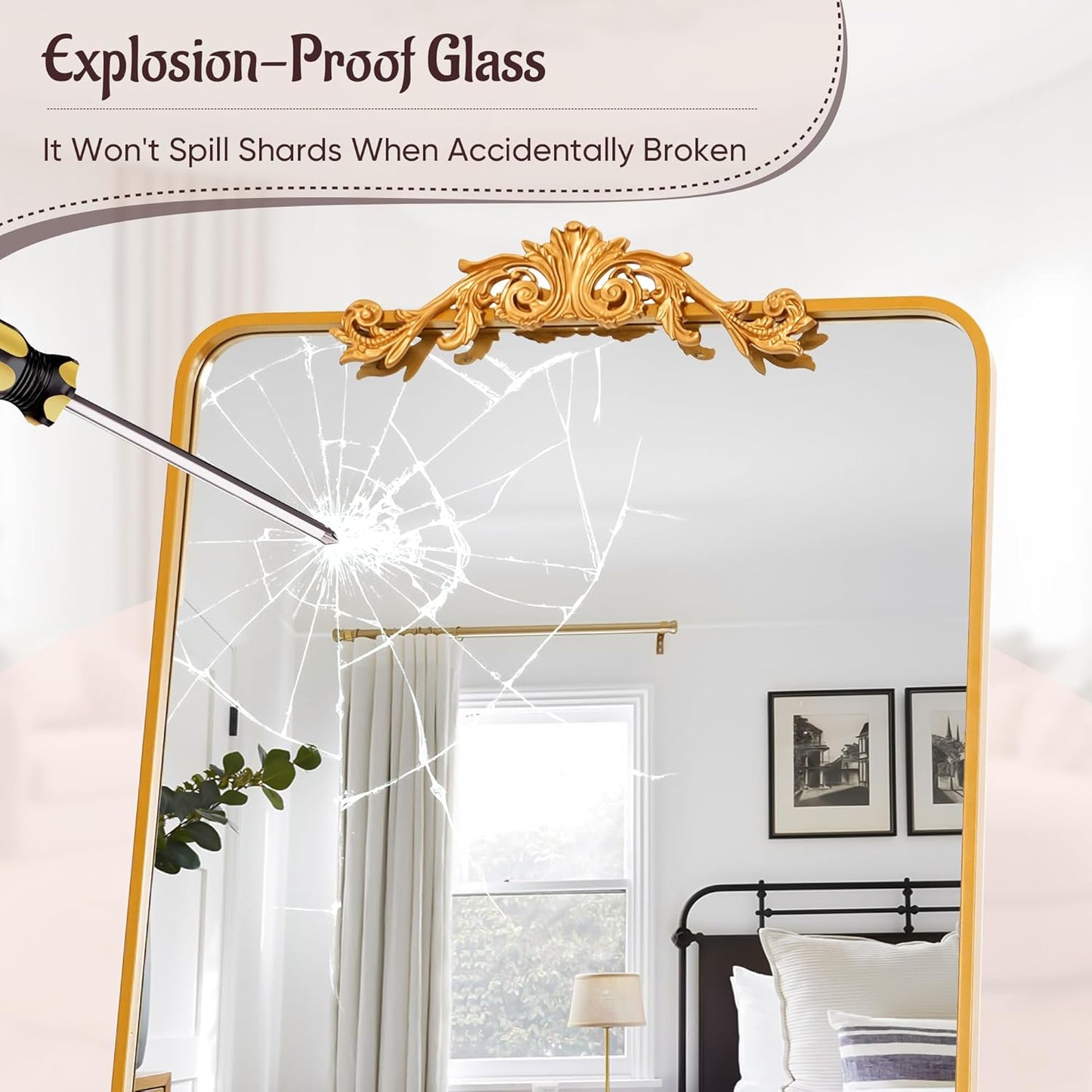 Gold-framed mirror with explosion-proof glass in a room setting