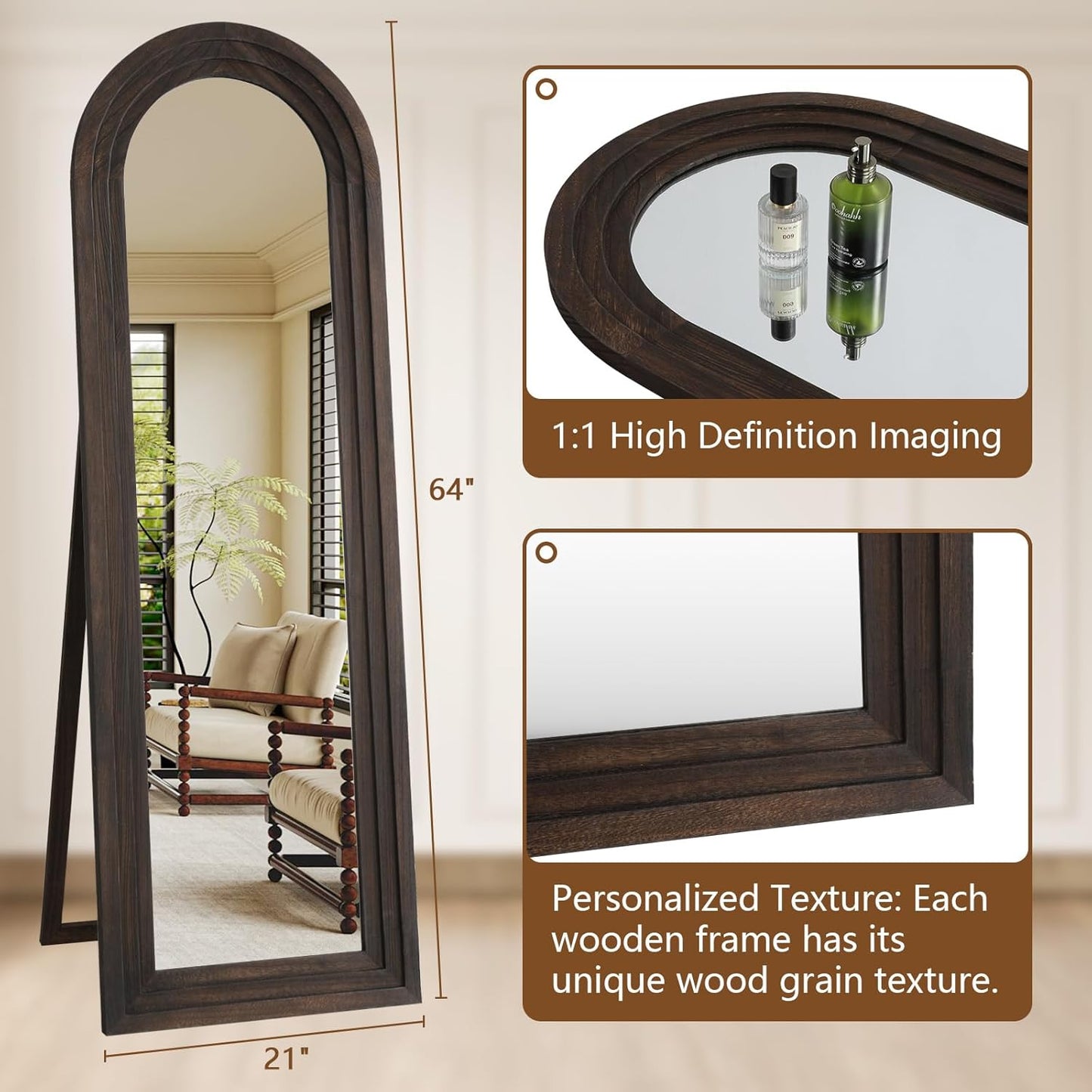 64"x21" Full-Length Floor Mirror with Solid Wood Frame – Rustic Farmhouse Style with Stand