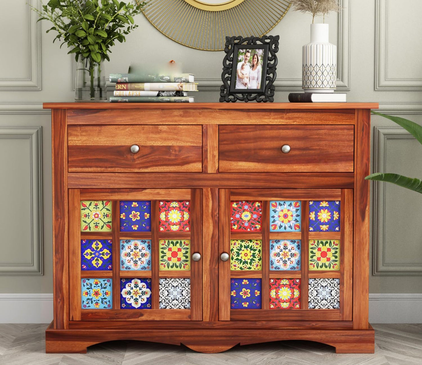 Wooden Cabinet in Solid Sheesham Wood – Sideboard with 2 Drawers & 2-Door Storage (Design 60)