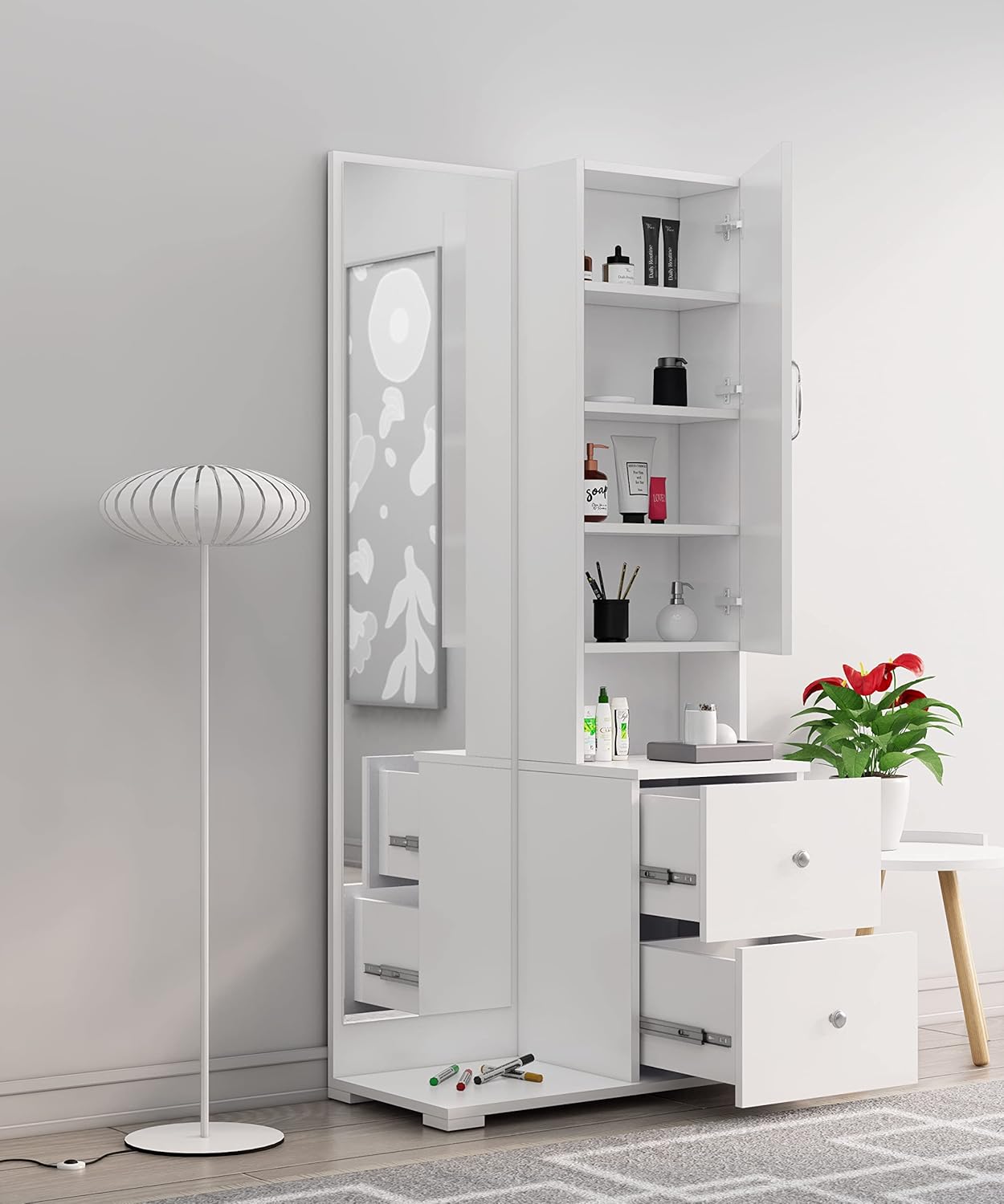 White storage cabinet with shelves and drawers in a room setting.