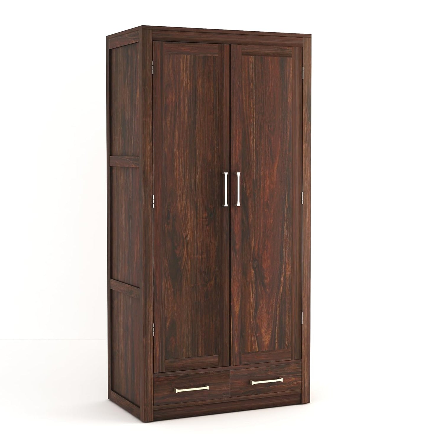 Wooden wardrobe with two doors and two drawers on a white background