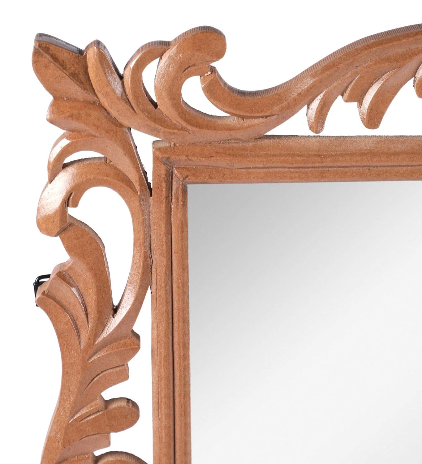 Wooden mirror with decorative frame on a white background