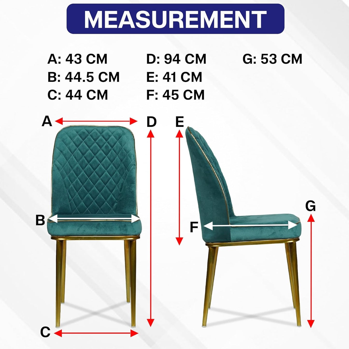 Teal chair with gold legs and measurement chart on a white background