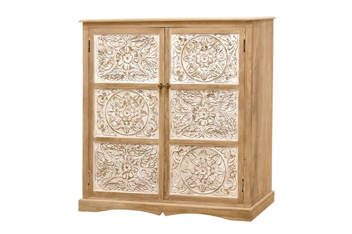 Wooden cabinet with decorative carvings on a white background