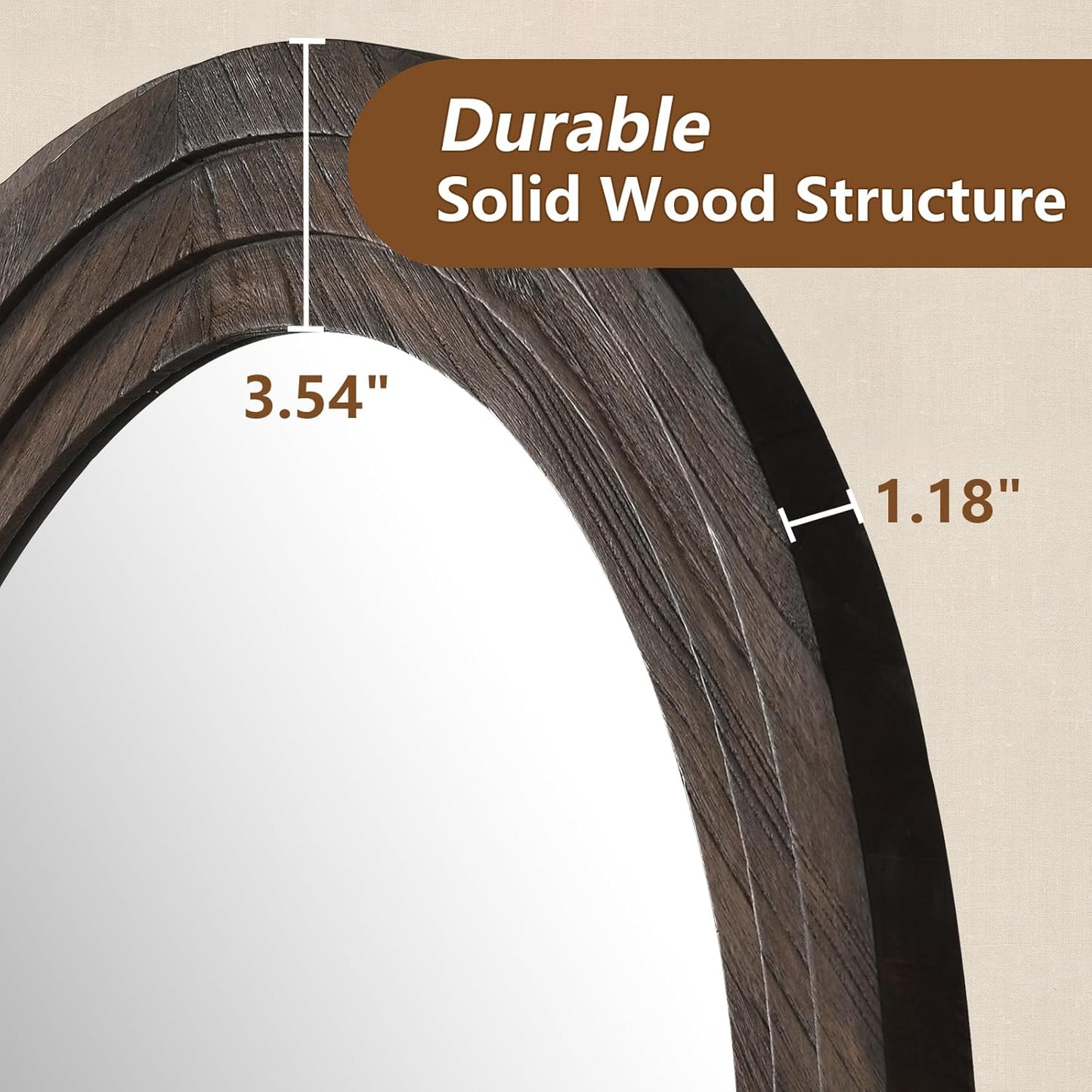 Wooden arch with measurements and 'Durable Solid Wood Structure' label on a beige background