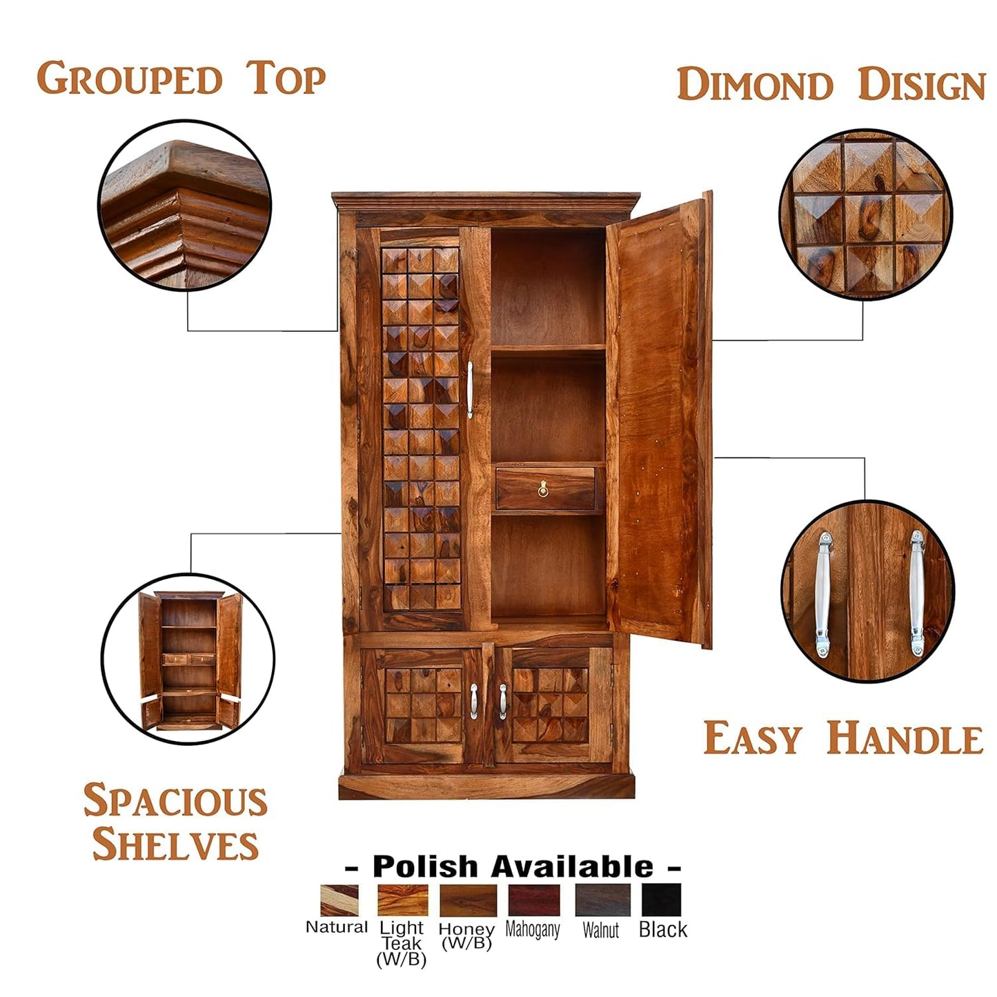 Solid Sheesham Wood 4-Door Wardrobe with Diamond Cut Design – Almirah with 4 Shelves & 2 Drawers (Natural Honey Oak)