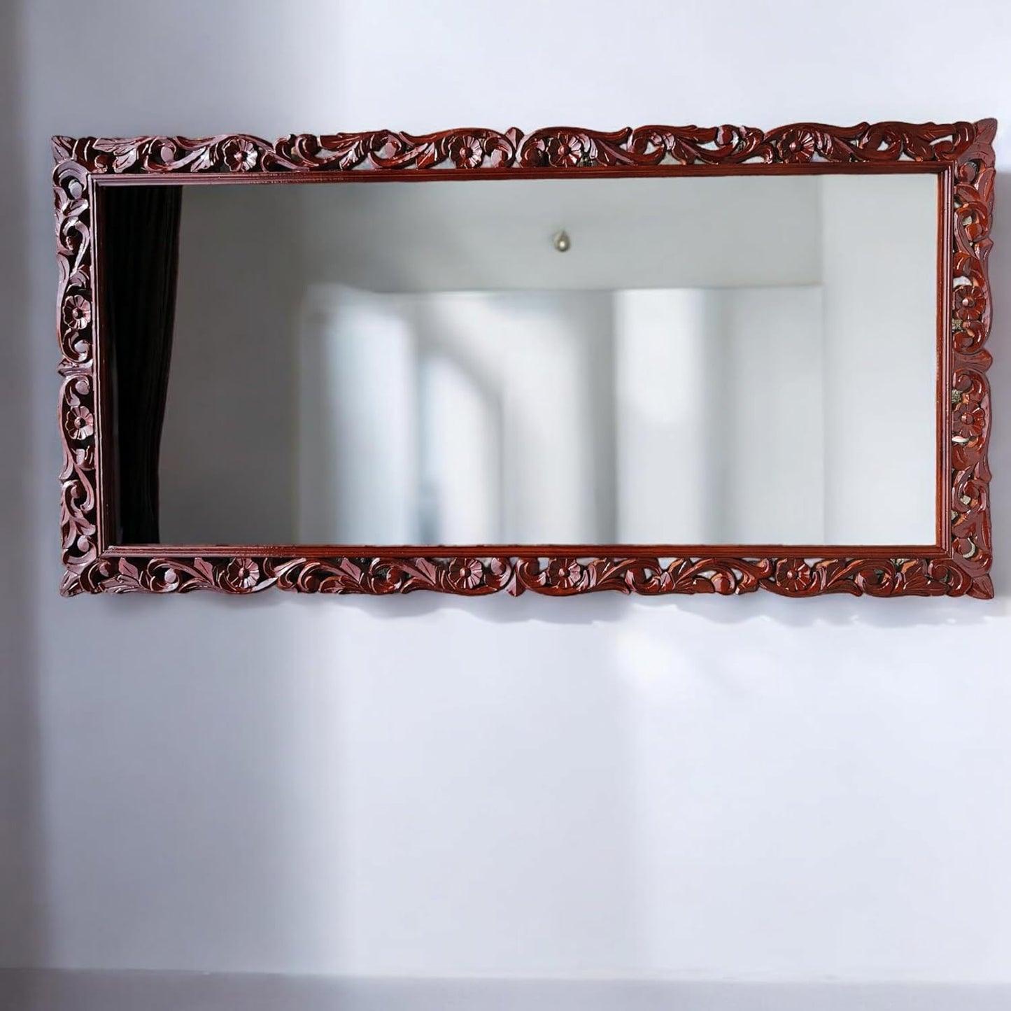 Full-Length Carved Wooden Mirror – 6x3 FT Rectangular Floor Standing or Wall-Mount Frame, Walnut Finish