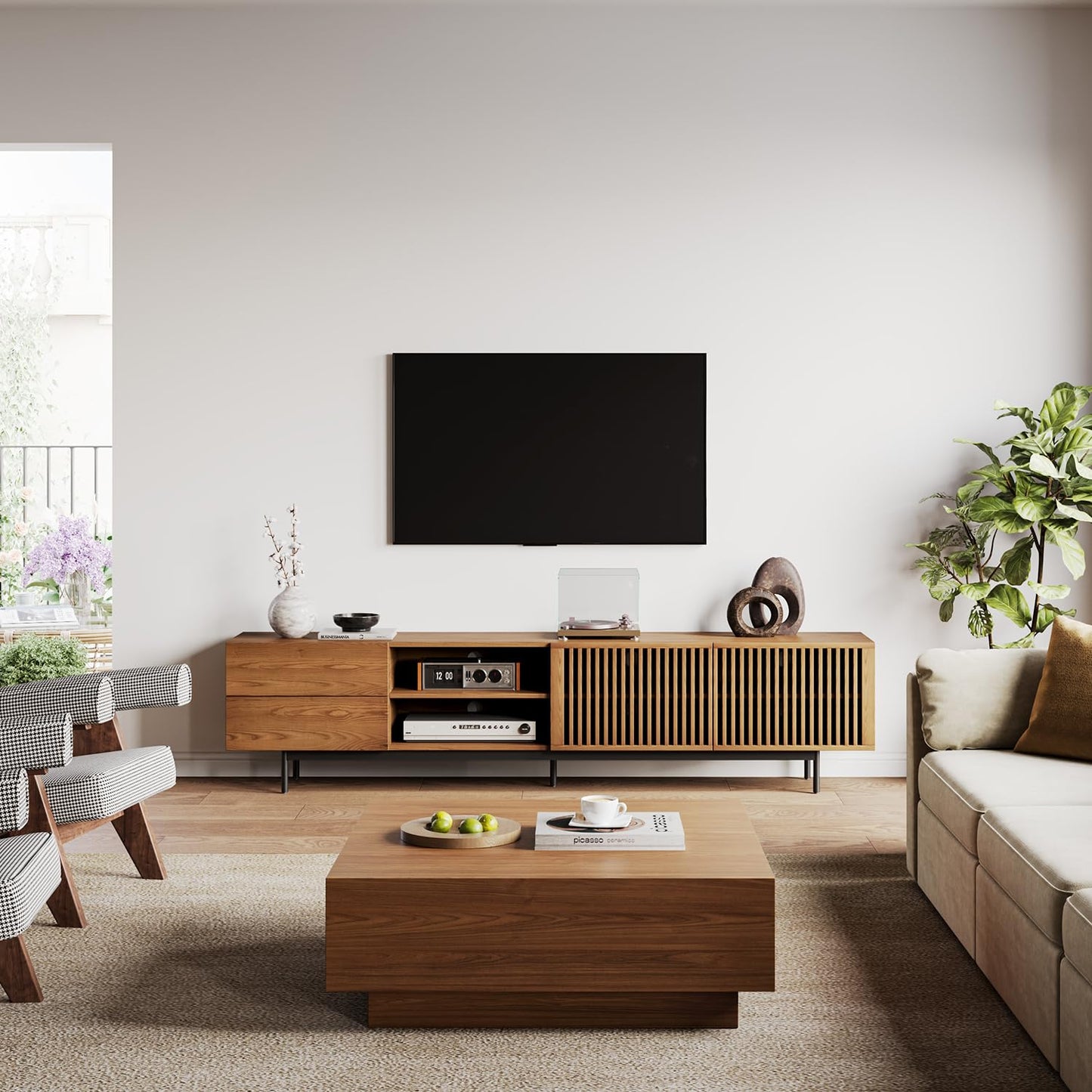 Modern living room with wooden TV stand, coffee table, and sofa.