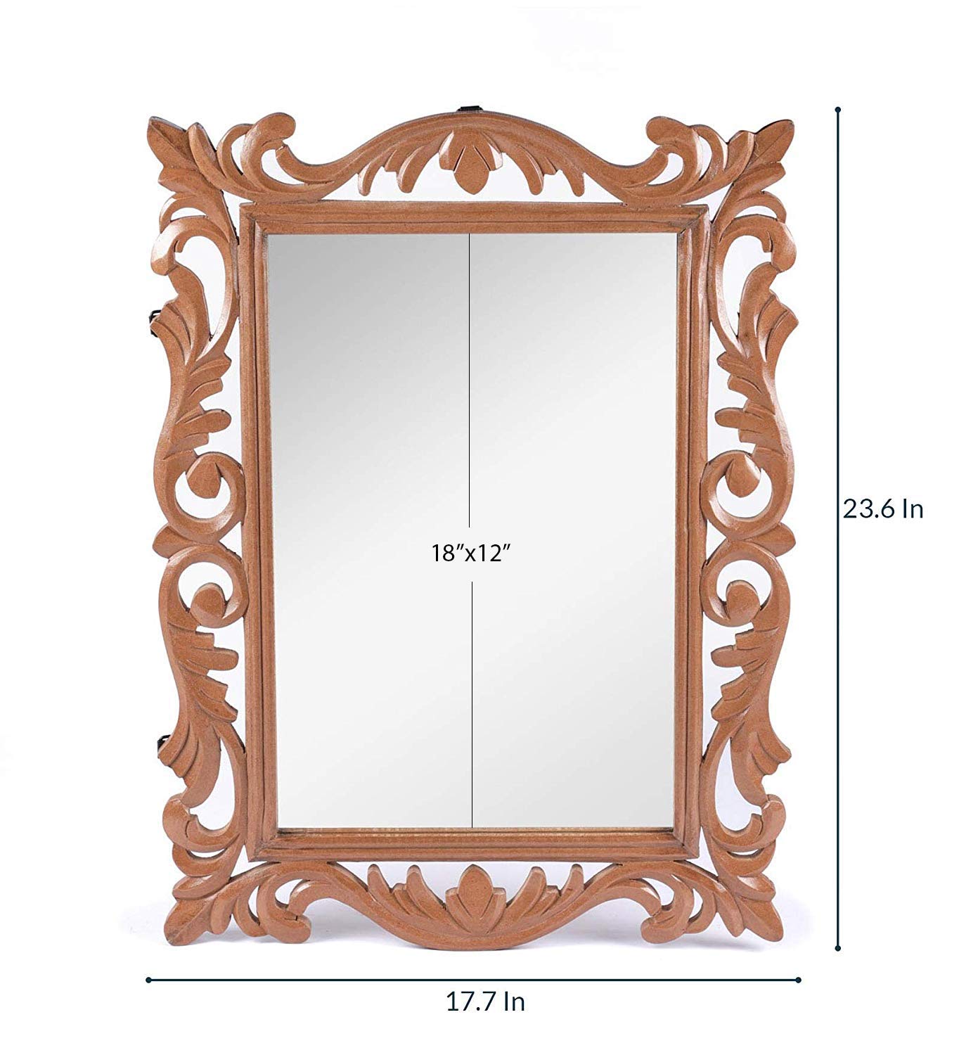 Decorative wooden mirror with intricate carvings and dimensions on a white background