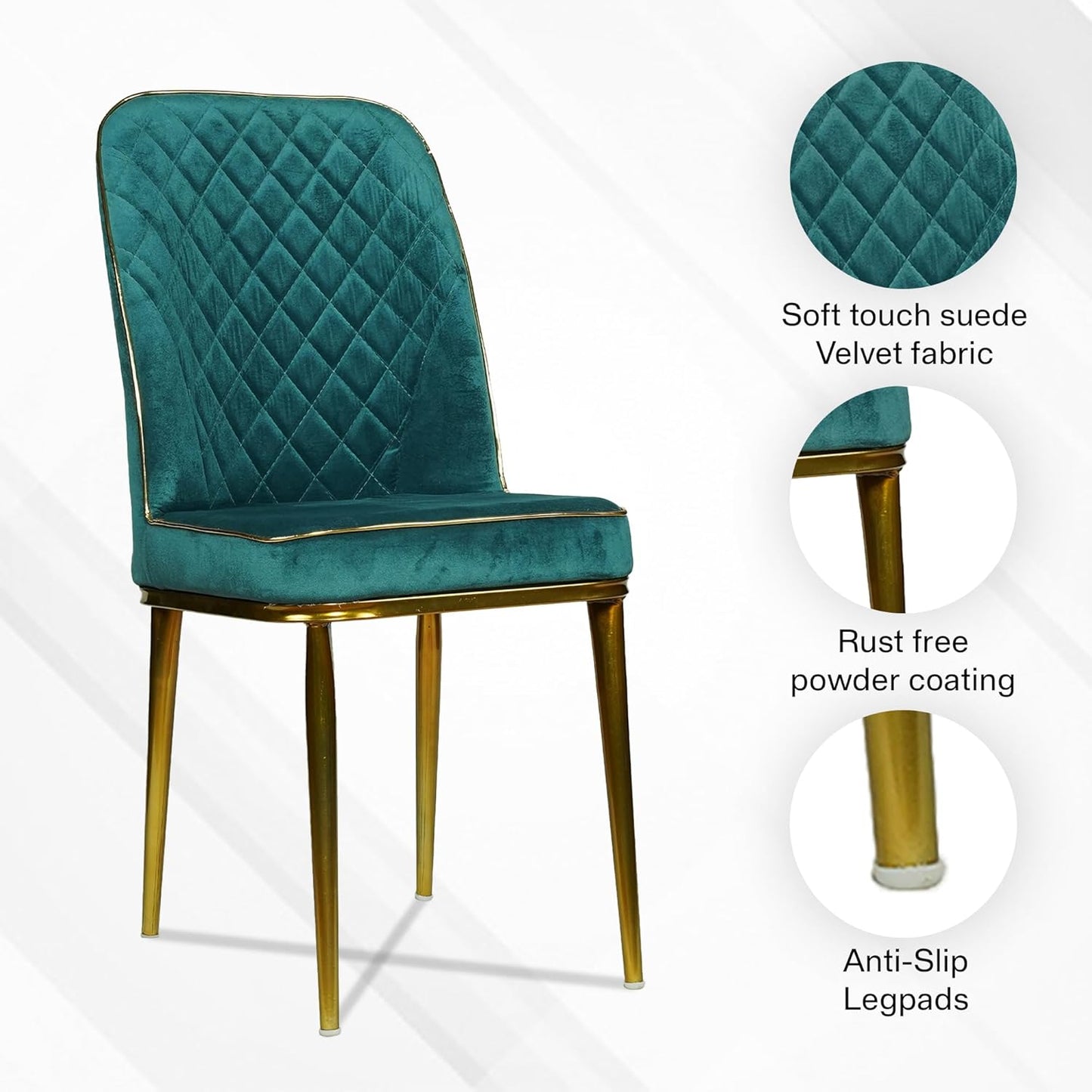 Teal velvet chair with gold legs on a white background, featuring text about material and design.