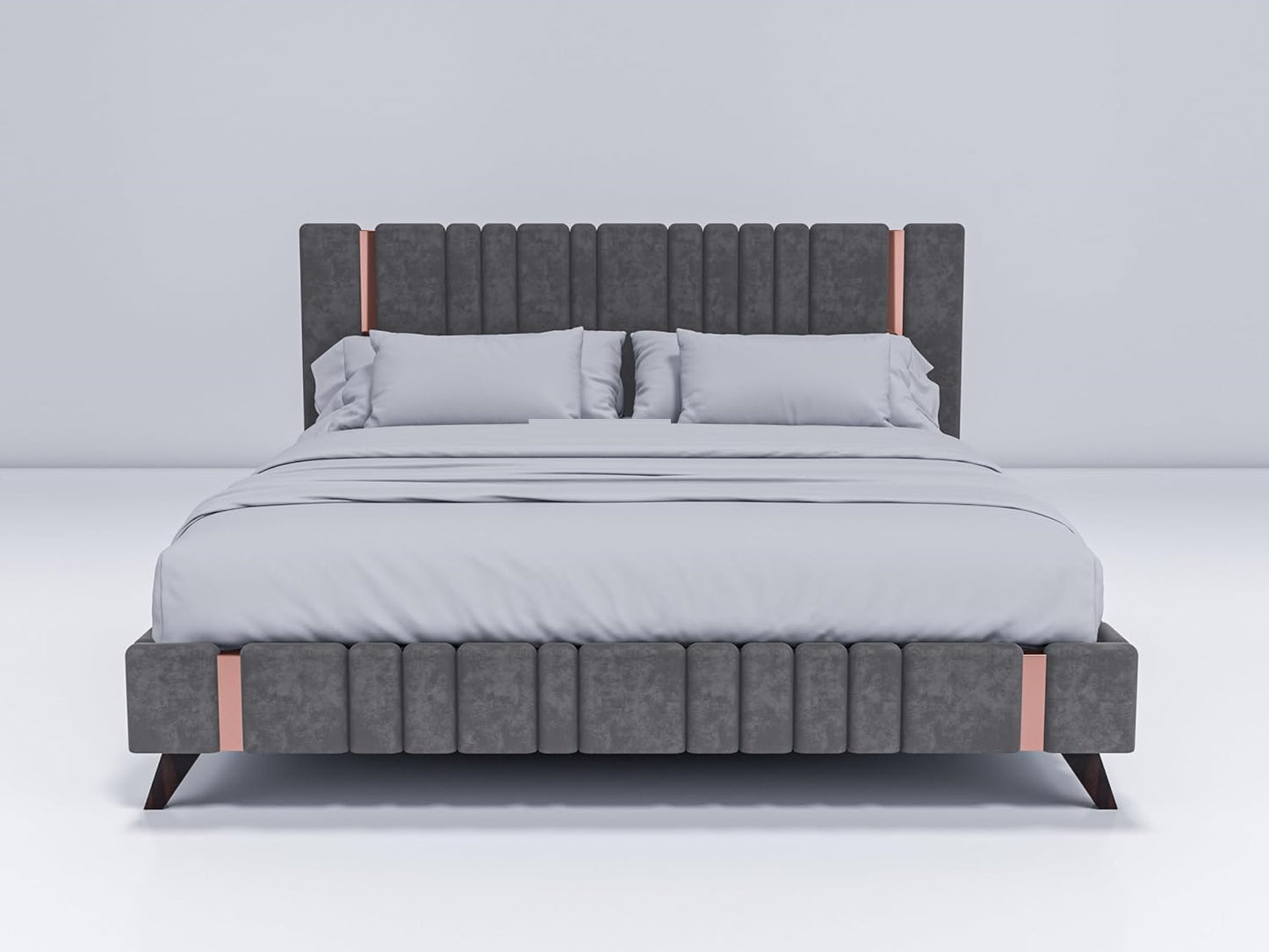 Modern Upholstered King Size Bed – Sheesham Solid Wood Double Platform Bed with Premium Fabric Upholstery for Bedroom (6.5 x 6 ft, Brown/Dark Grey with Copper Line)
