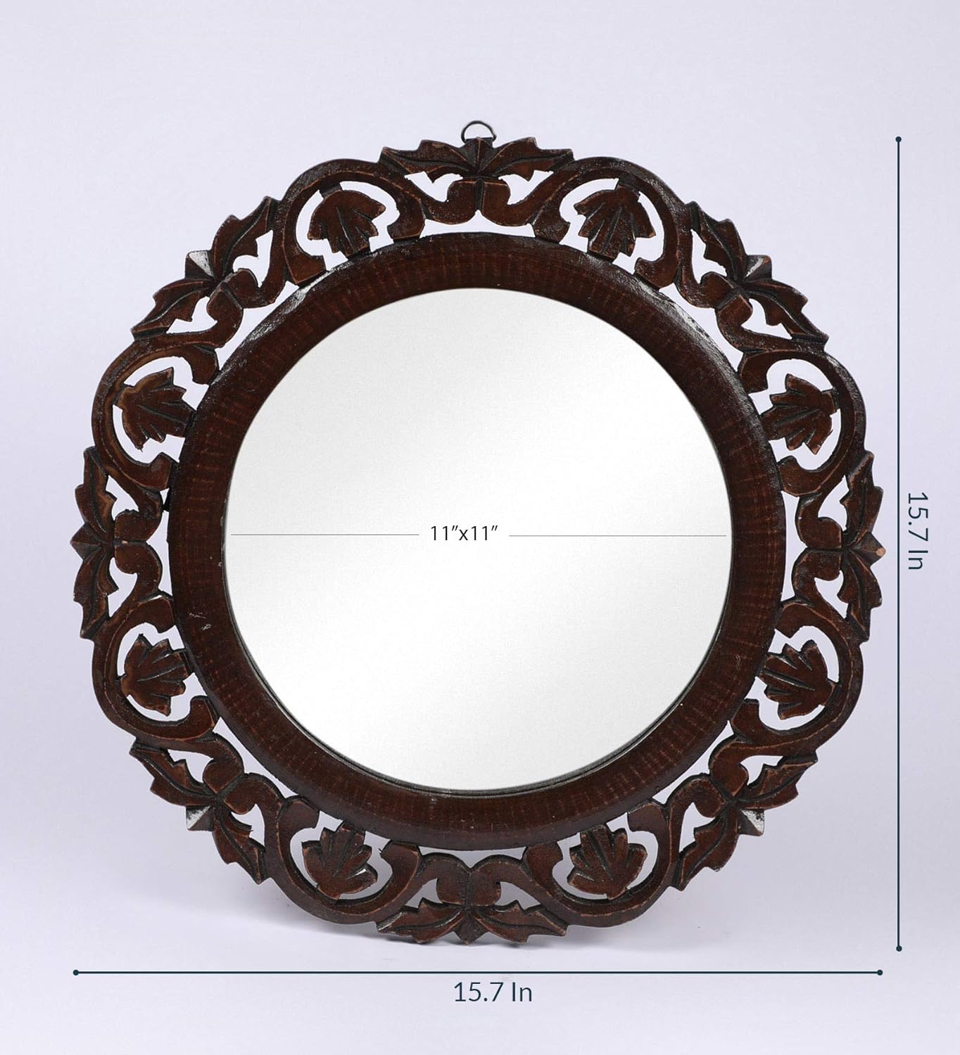Decorative round mirror with intricate carvings and dimensions on a white background