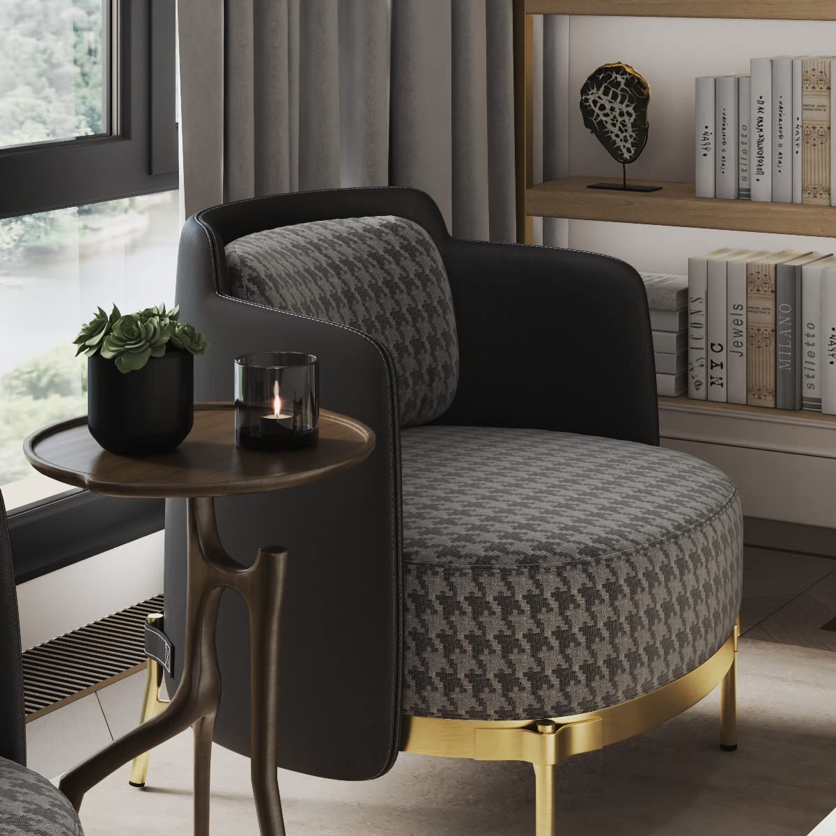 Patterned armchair with a small table and decorative items in a room.