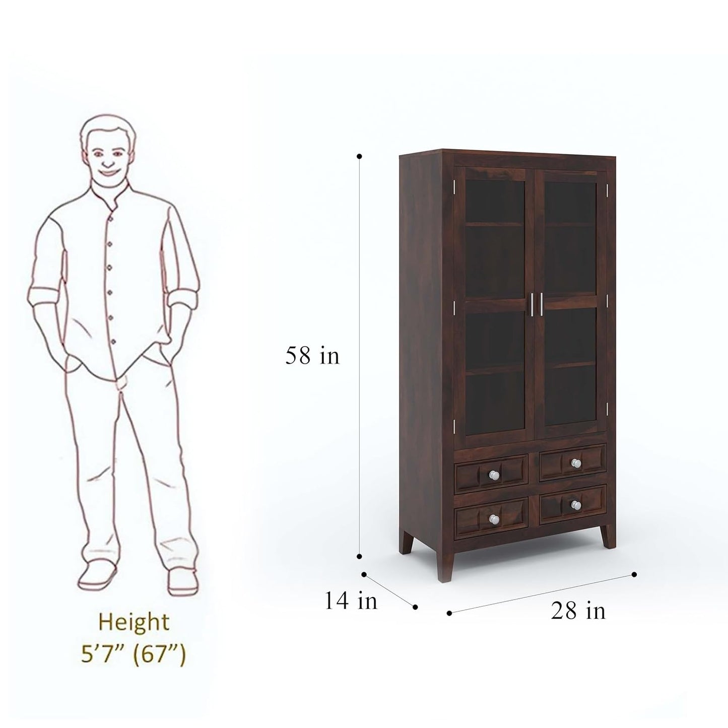 Solid Sheesham Wood Kitchen Cabinet – Crockery Storage Unit with 2 Glass Doors & 4 Drawers (Walnut Finish)