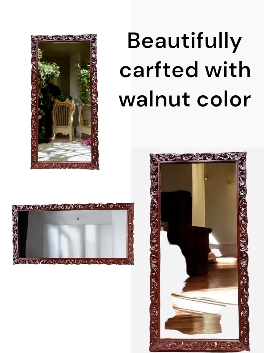 Full-Length Carved Wooden Mirror – 6x3 FT Rectangular Floor Standing or Wall-Mount Frame, Walnut Finish