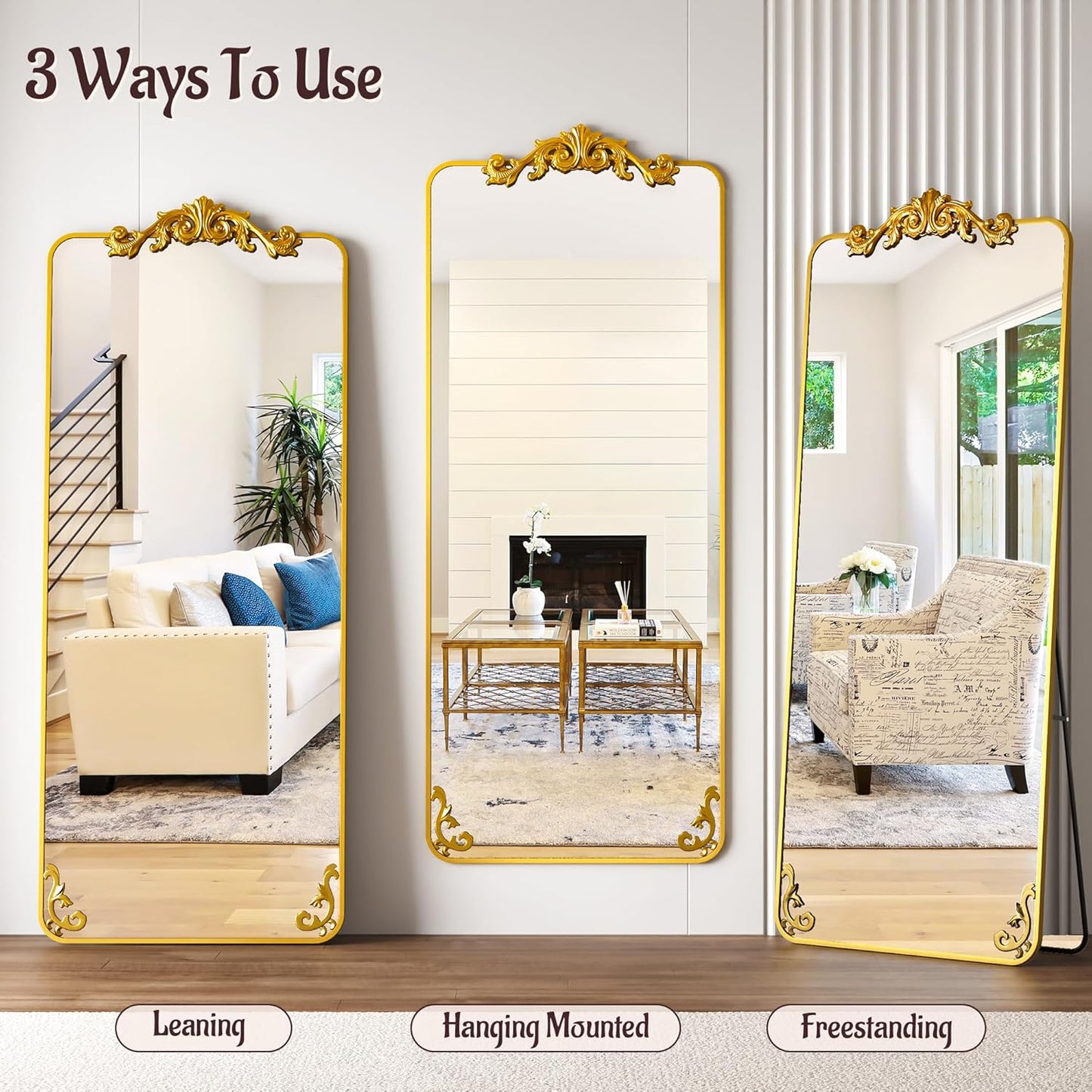 Three decorative mirrors with gold frames showing different mounting options in a room.