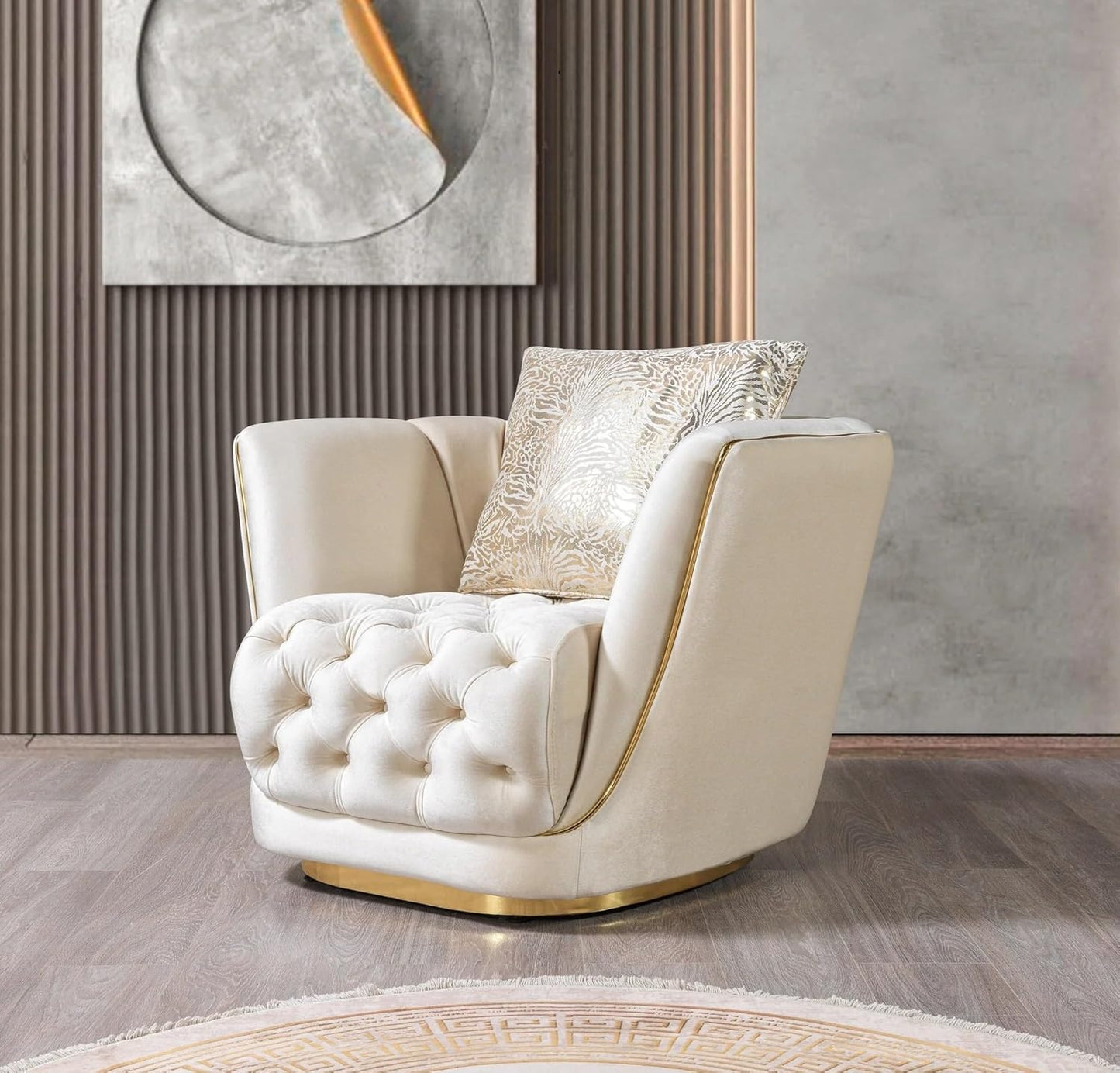 Beige armchair with decorative pillow in a stylish room setting