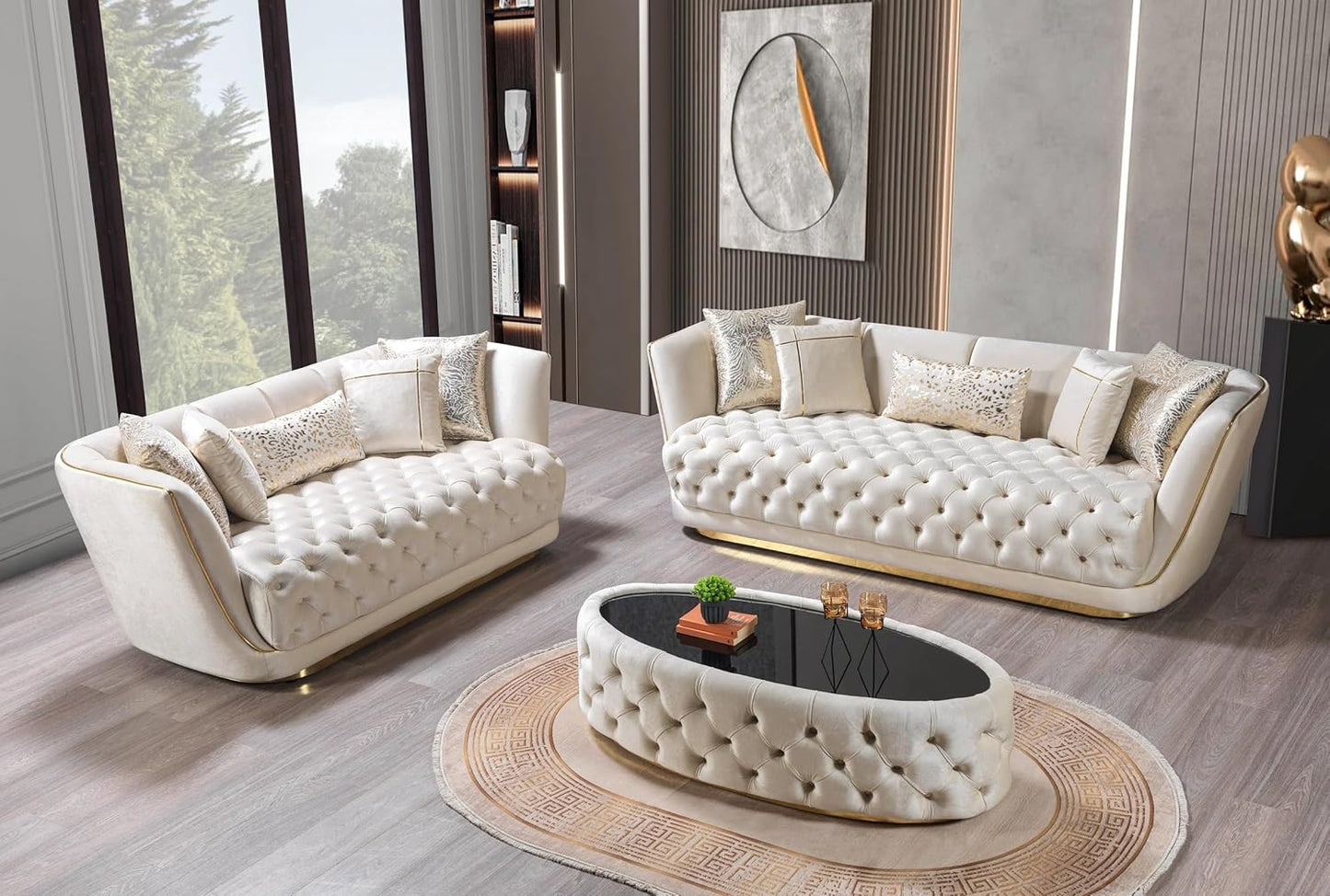 Modern living room with cream-colored tufted sofa set and coffee table.