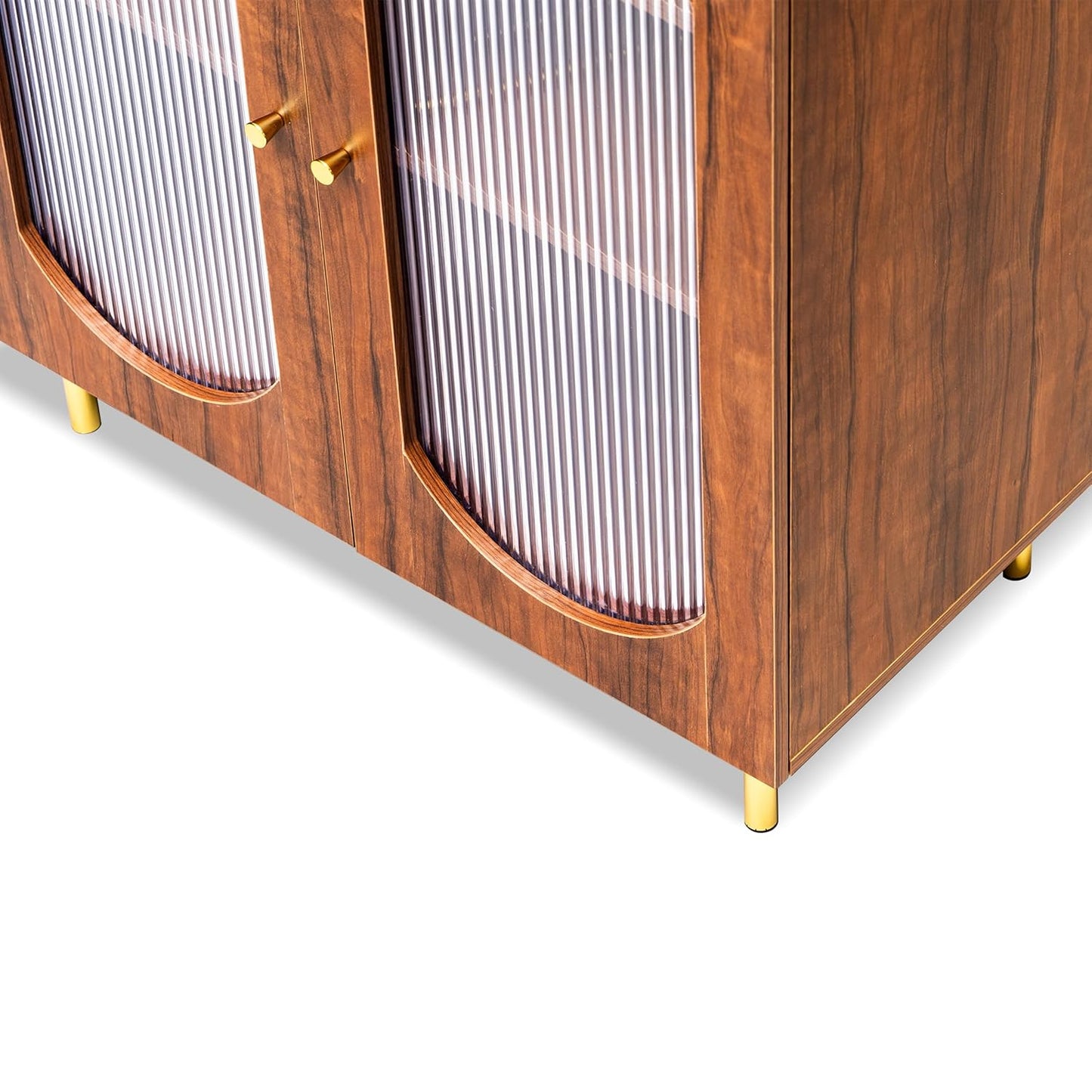 Wooden cabinet with glass panels and gold legs on a white background