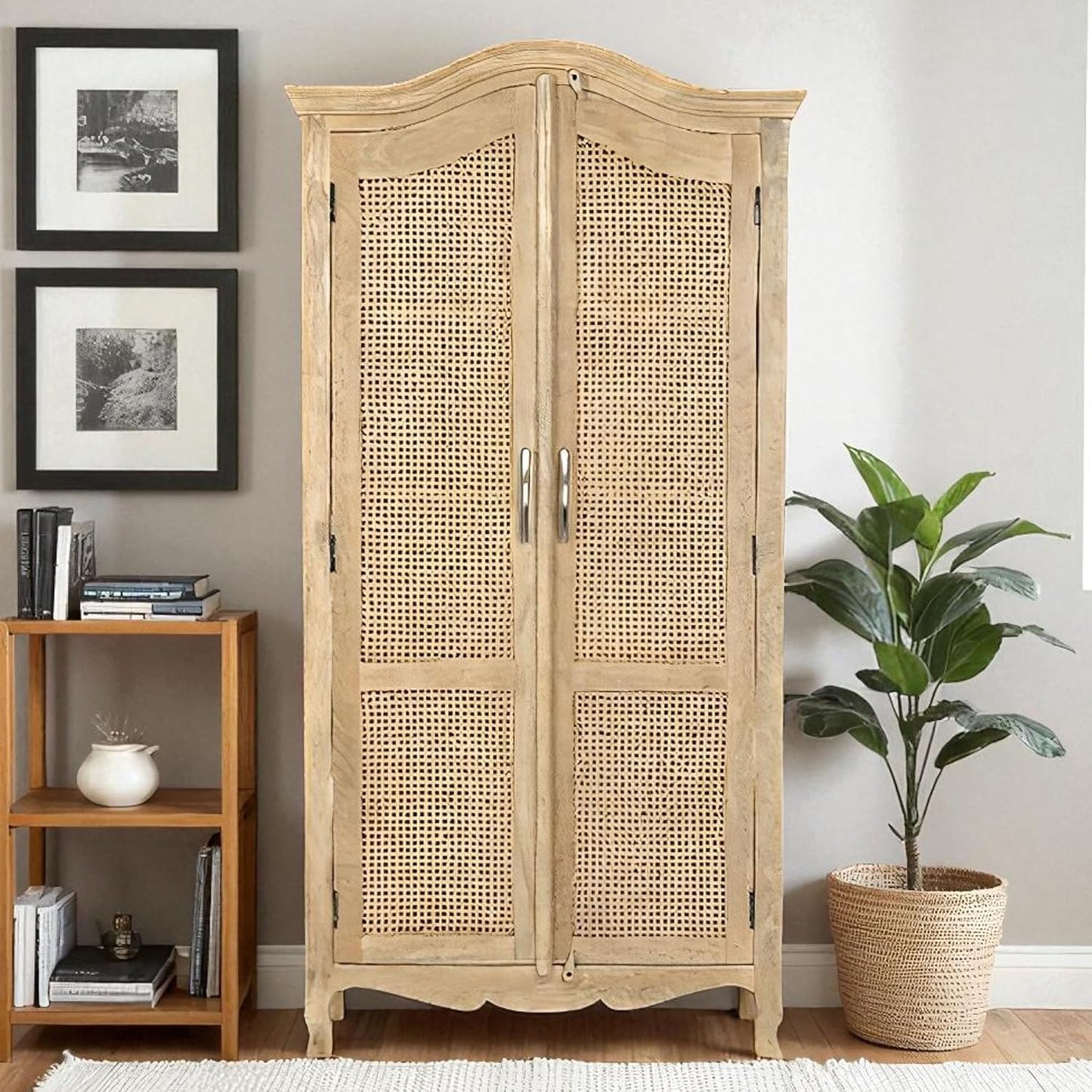 Multipurpose Solid Wood Cabinet Kitchen Bookshelf & Storage Unit for Home – Mango Wood with Natural Cane & Matte Finish