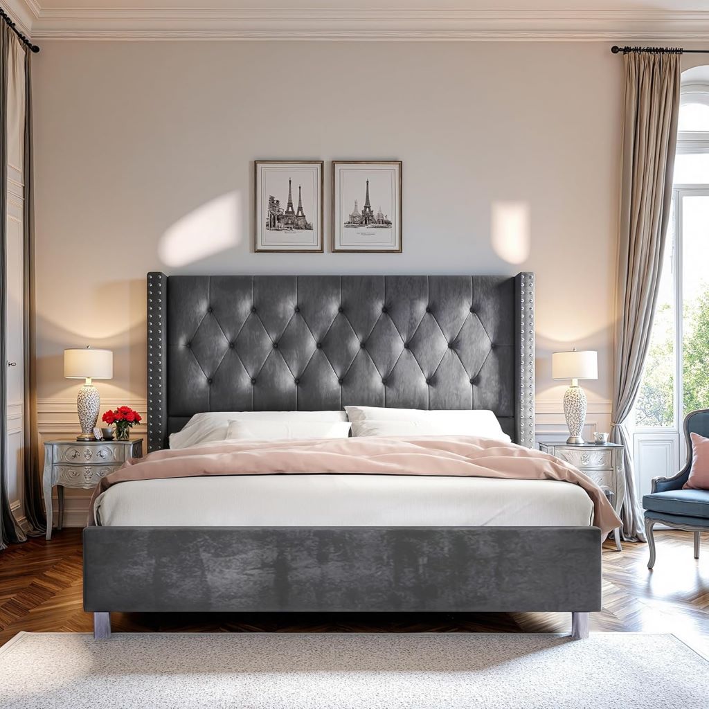 Queen Size Velvet Platform Bed Frame with Tufted Upholstery, Raised Wingback Headboard, Strong Wooden Slats, and Low Profile Design"