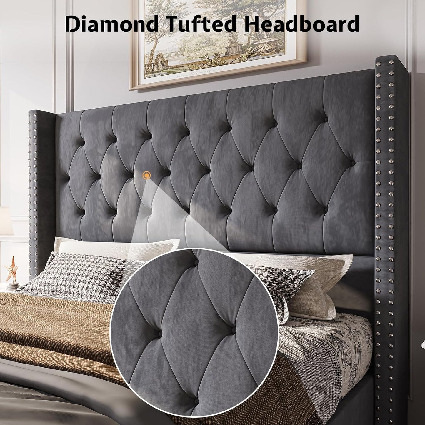 Queen Size Velvet Platform Bed Frame with Tufted Upholstery, Raised Wingback Headboard, Strong Wooden Slats, and Low Profile Design"