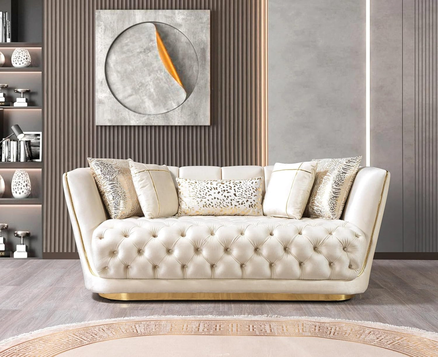 Beige tufted sofa with decorative pillows in a stylish room.