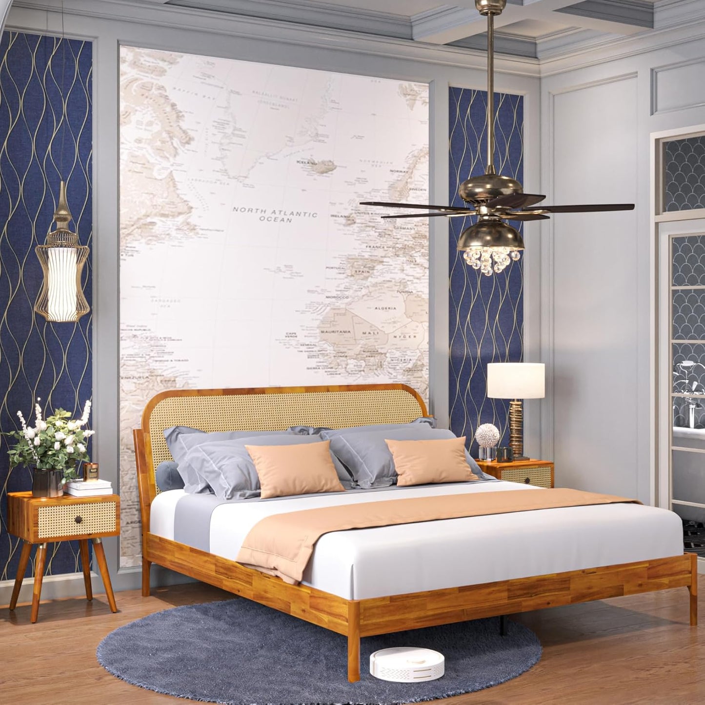 King Size Solid Wood Platform Bed Frame with Rattan Headboard, Bohemian & Mid-Century Modern Style