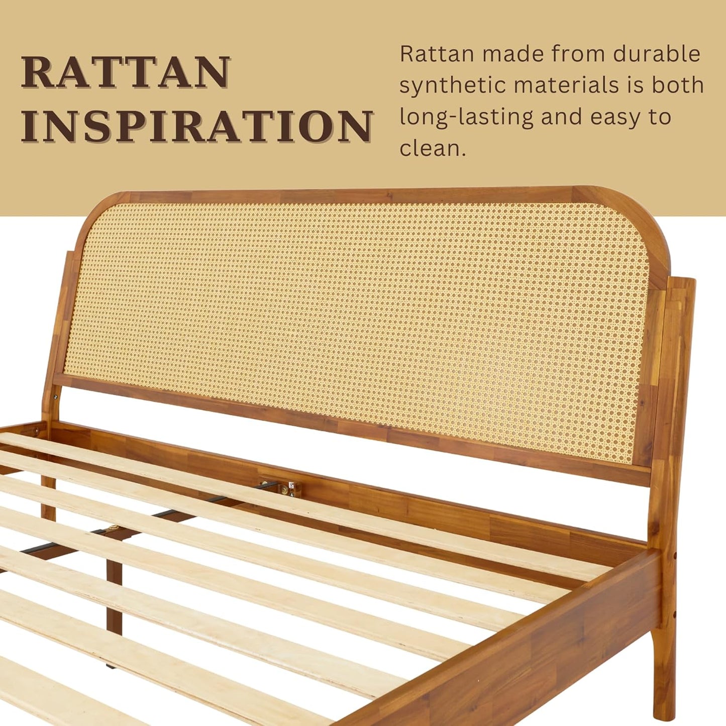 King Size Solid Wood Platform Bed Frame with Rattan Headboard, Bohemian & Mid-Century Modern Style