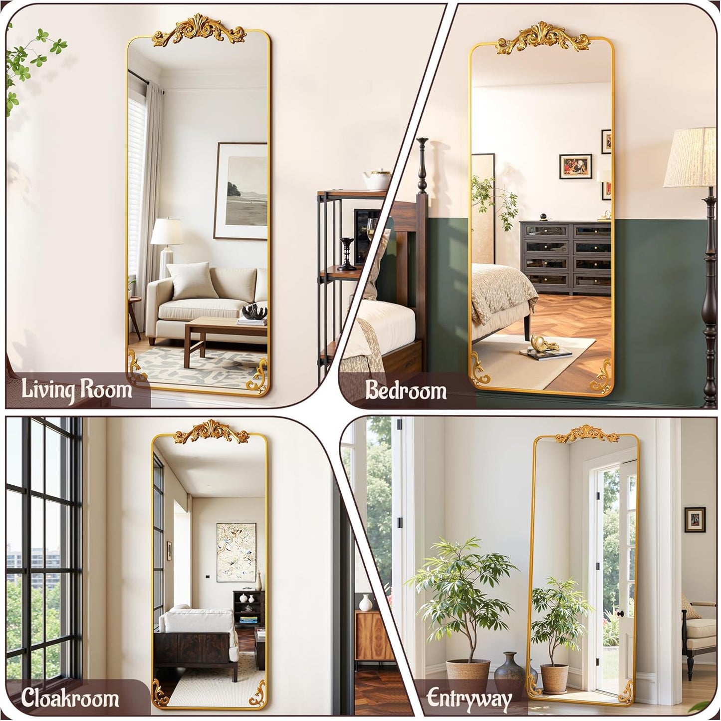 Collage of full-length mirrors in various rooms including living room, bedroom, cloakroom, and entryway.