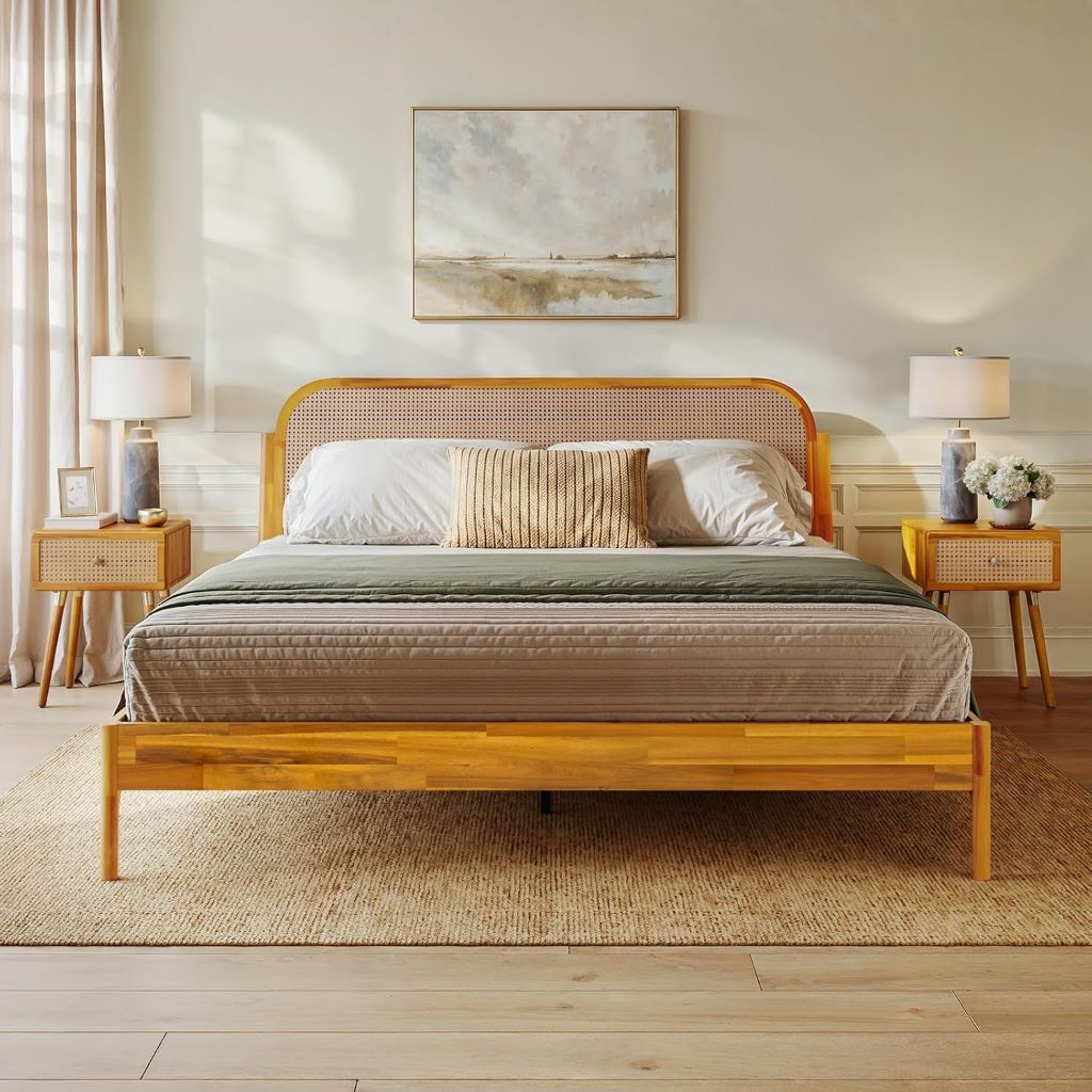 King Size Solid Wood Platform Bed Frame with Rattan Headboard, Bohemian & Mid-Century Modern Style