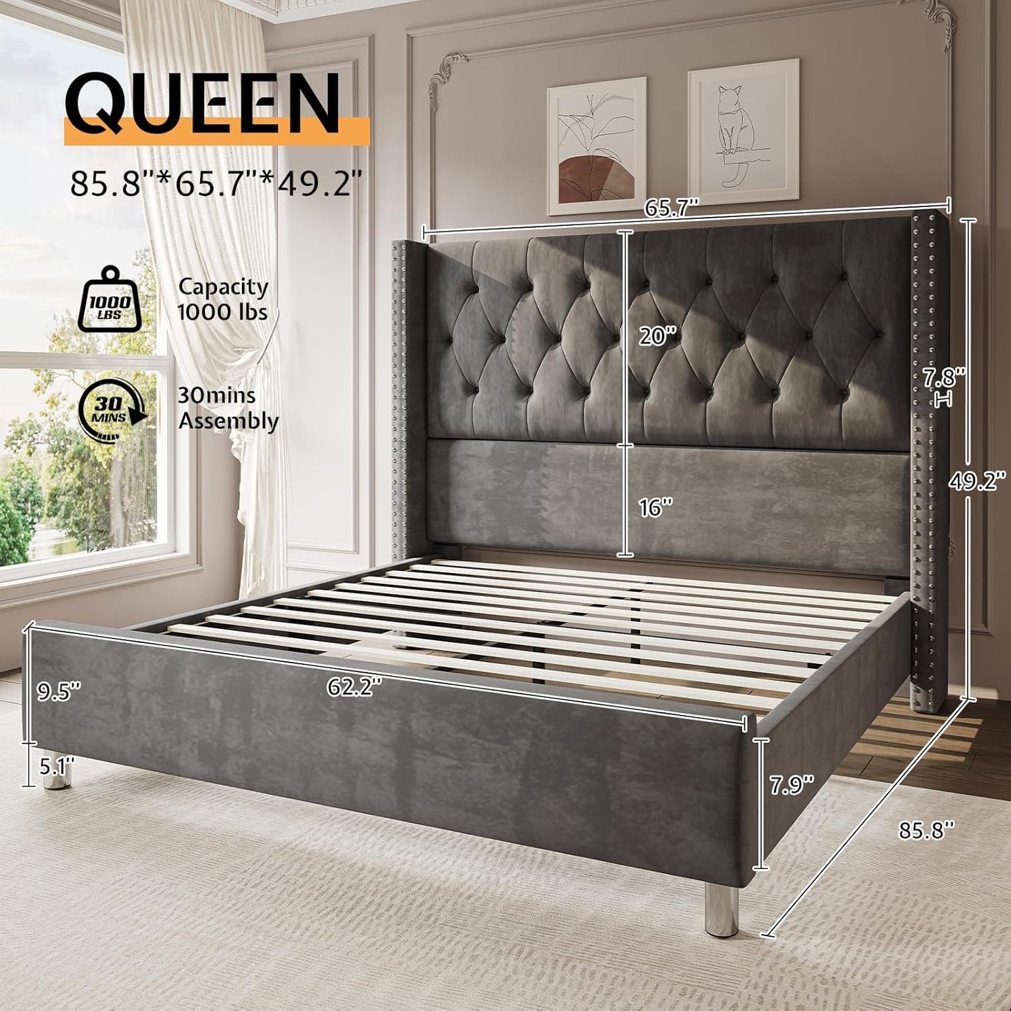 Queen Size Velvet Platform Bed Frame with Tufted Upholstery, Raised Wingback Headboard, Strong Wooden Slats, and Low Profile Design"
