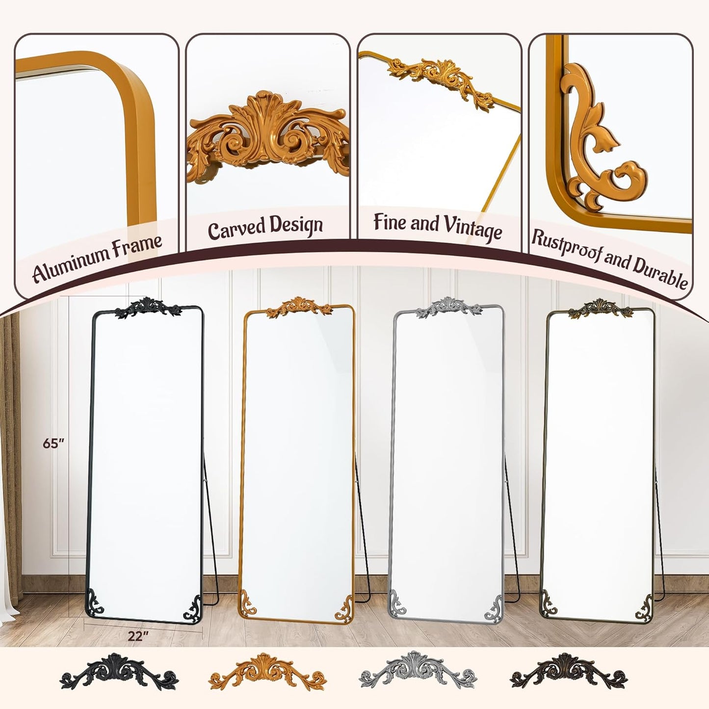 Decorative display stand with various design elements and text on a white background