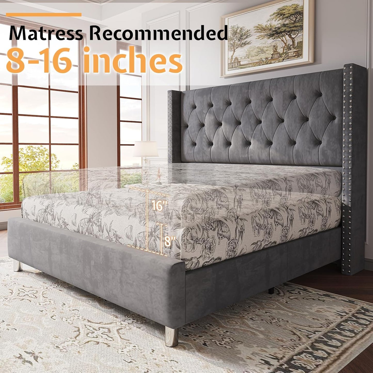 Queen Size Velvet Platform Bed Frame with Tufted Upholstery, Raised Wingback Headboard, Strong Wooden Slats, and Low Profile Design"