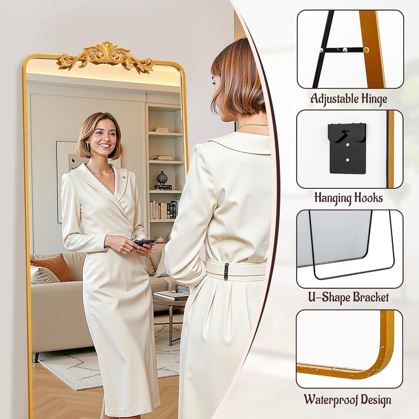 Woman in a white dress standing in front of a large mirror with decorative frame, showing features like adjustable hinge, hanging hooks, U-shape bracket, and waterproof design.