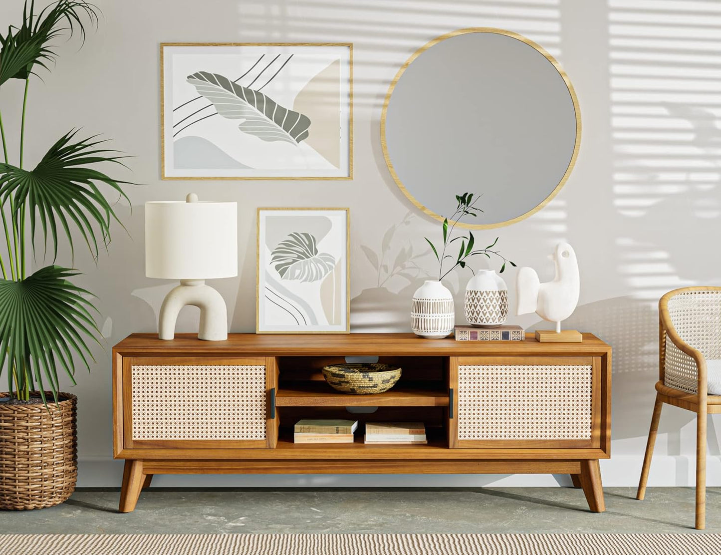 Wooden entertainment console with rattan doors in a room with plants and decor.
