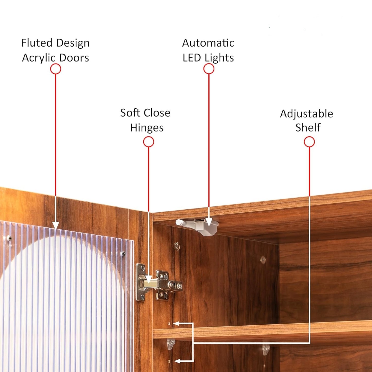 Wooden cabinet with labeled features including fluted design, acrylic doors, automatic LED lights, soft close hinges, and adjustable shelf.