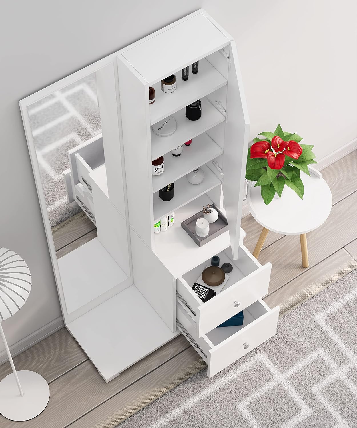 White storage cabinet with shelves and a mirror on a wooden floor.