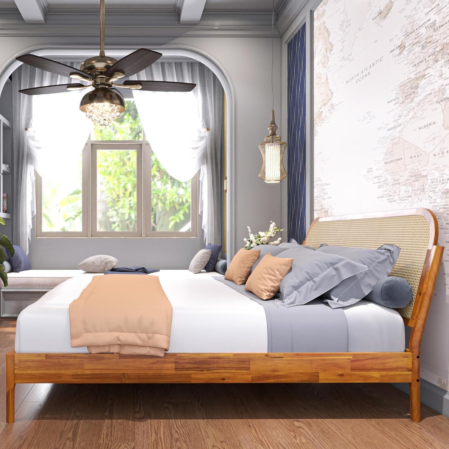 King Size Solid Wood Platform Bed Frame with Rattan Headboard, Bohemian & Mid-Century Modern Style