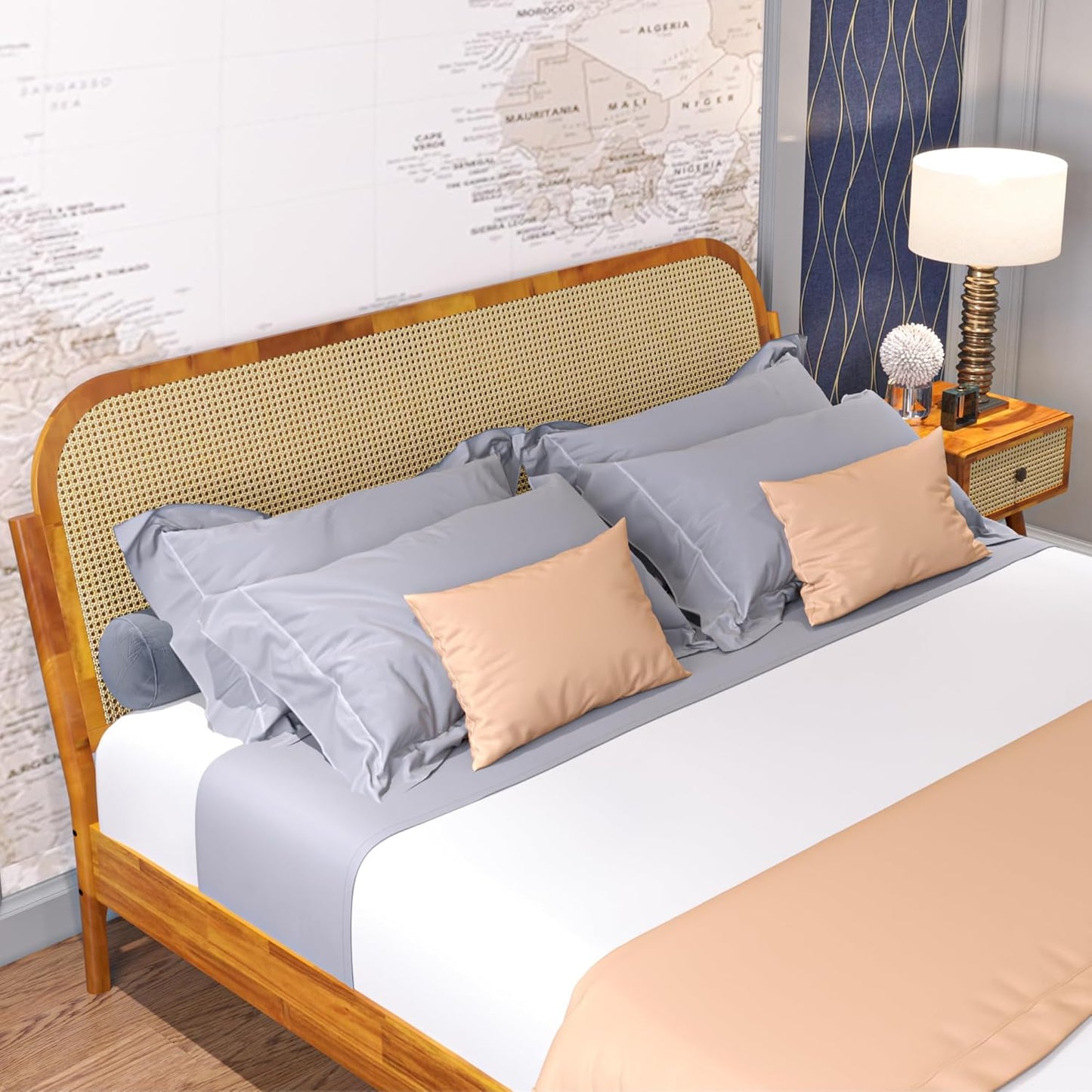 King Size Solid Wood Platform Bed Frame with Rattan Headboard, Bohemian & Mid-Century Modern Style