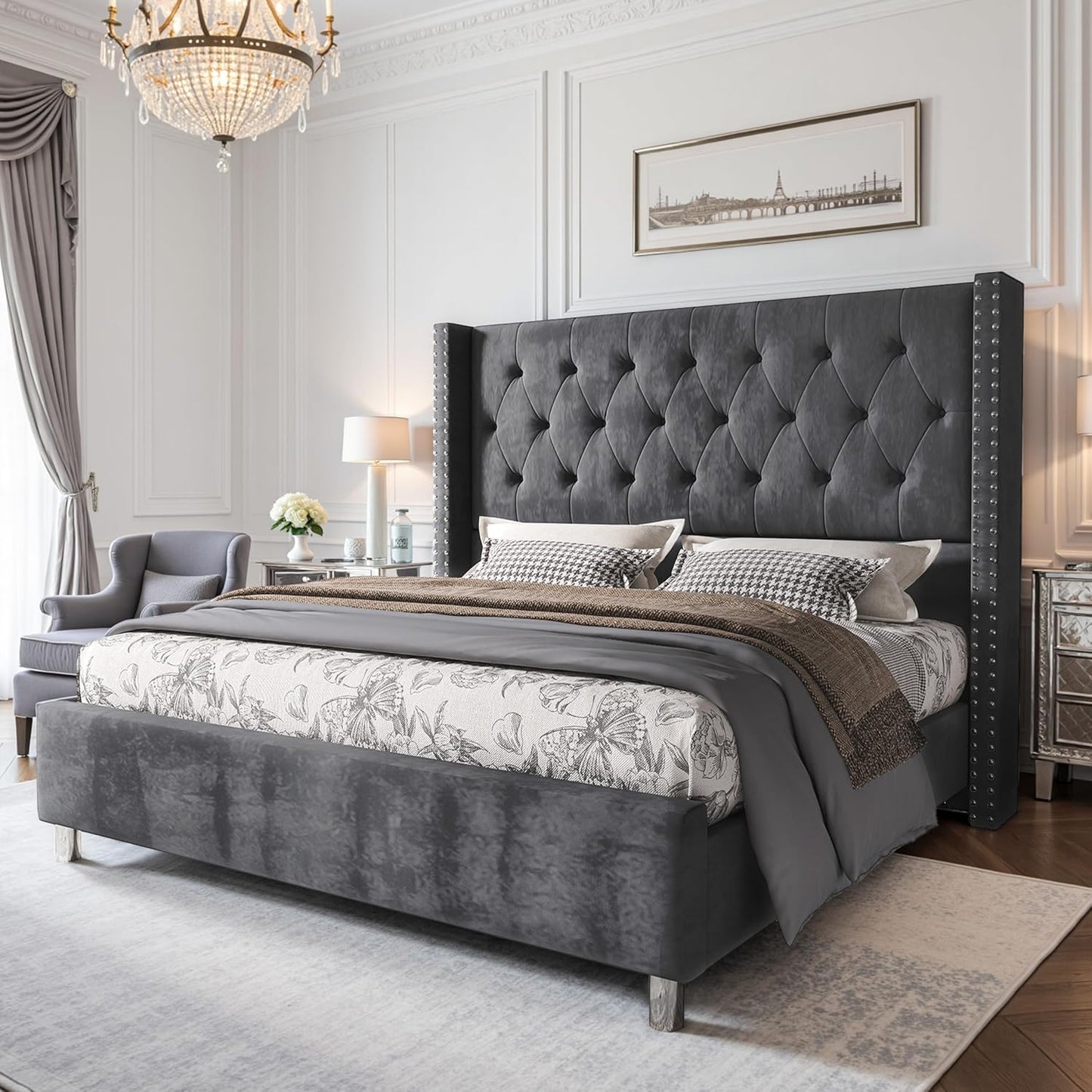 Queen Size Velvet Platform Bed Frame with Tufted Upholstery, Raised Wingback Headboard, Strong Wooden Slats, and Low Profile Design"