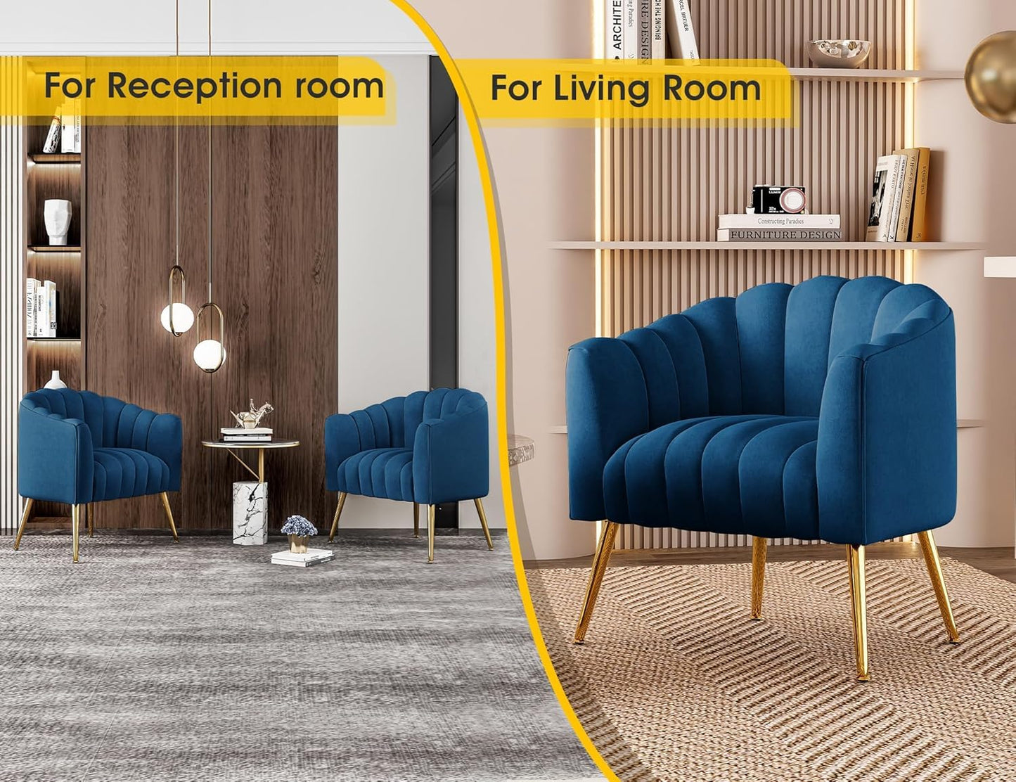 Two blue armchairs in a reception room and living room setting.