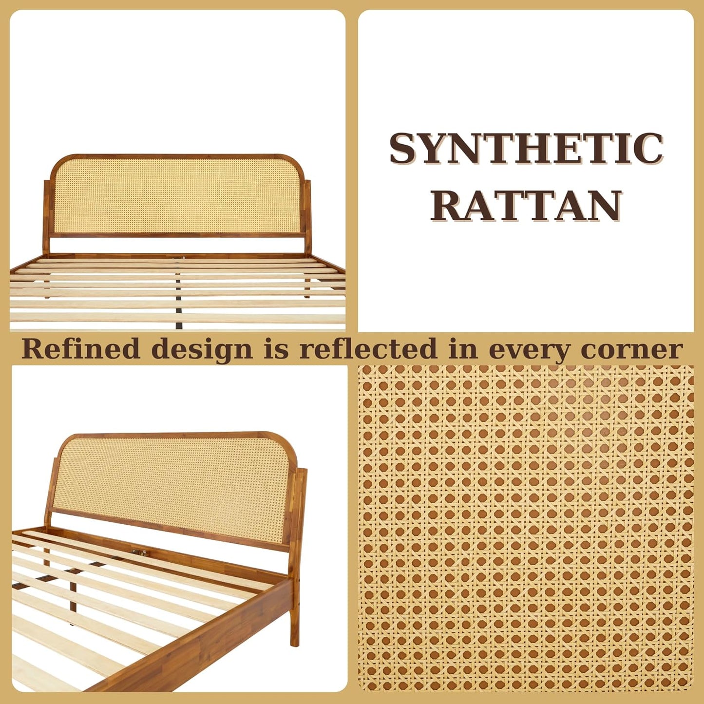 King Size Solid Wood Platform Bed Frame with Rattan Headboard, Bohemian & Mid-Century Modern Style