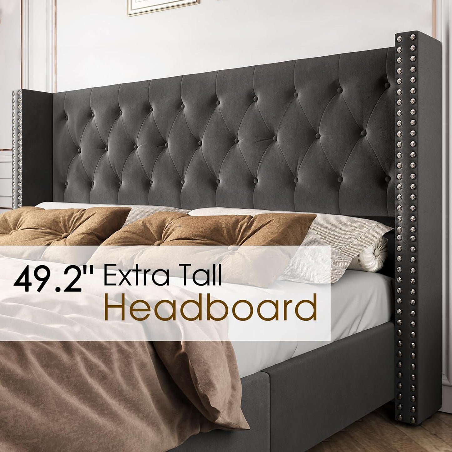 King Size Solid Wood Platform Bed Frame with Rattan Headboard, Bohemian & Mid-Century Modern Style
