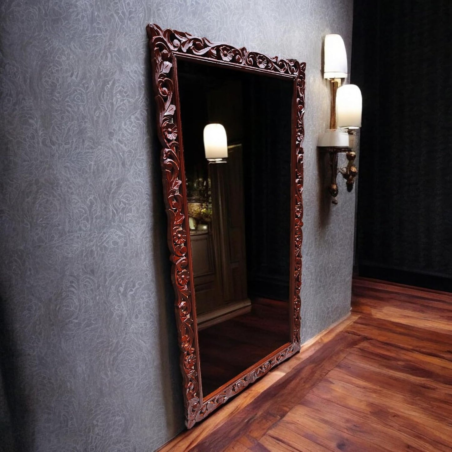 Full-Length Carved Wooden Mirror – 6x3 FT Rectangular Floor Standing or Wall-Mount Frame, Walnut Finish
