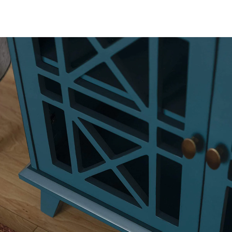 Blue cabinet with geometric design on a wooden floor