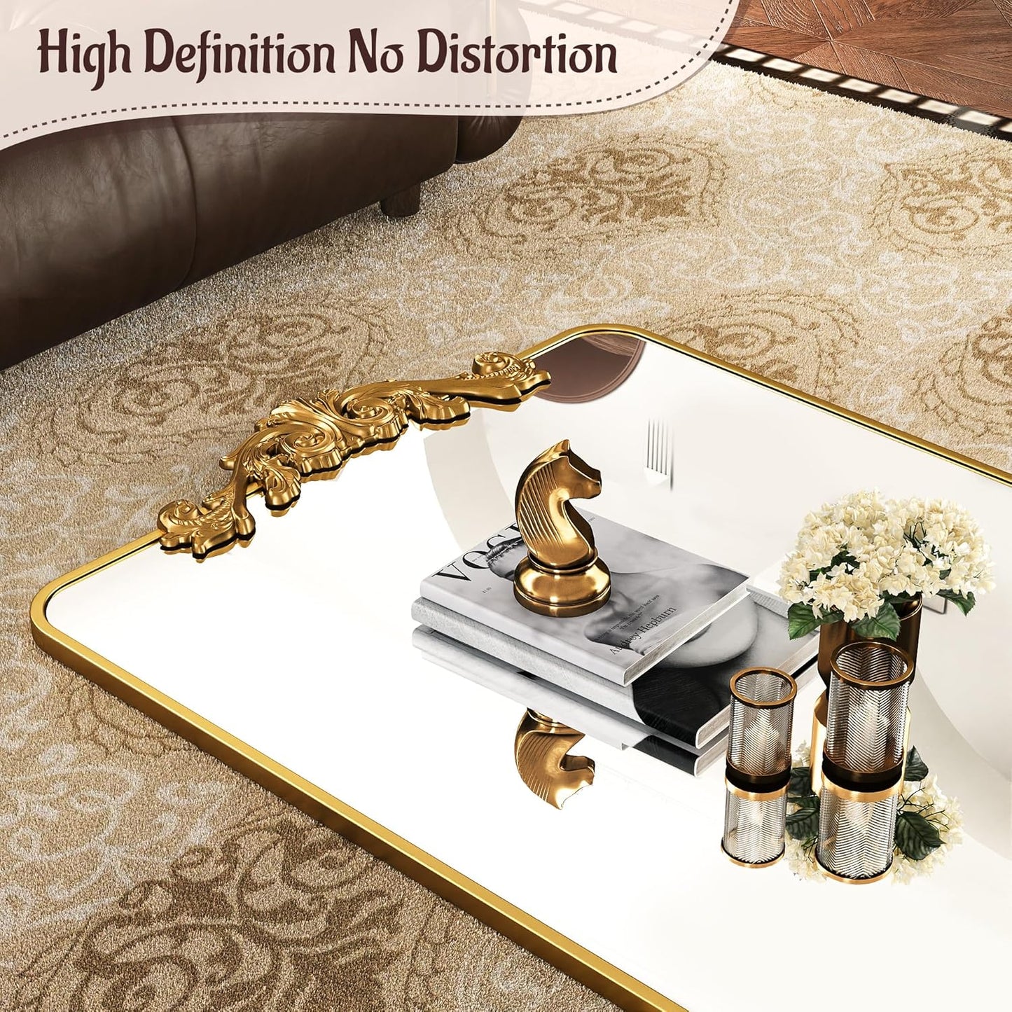 Decorative tray with gold accents on a patterned surface
