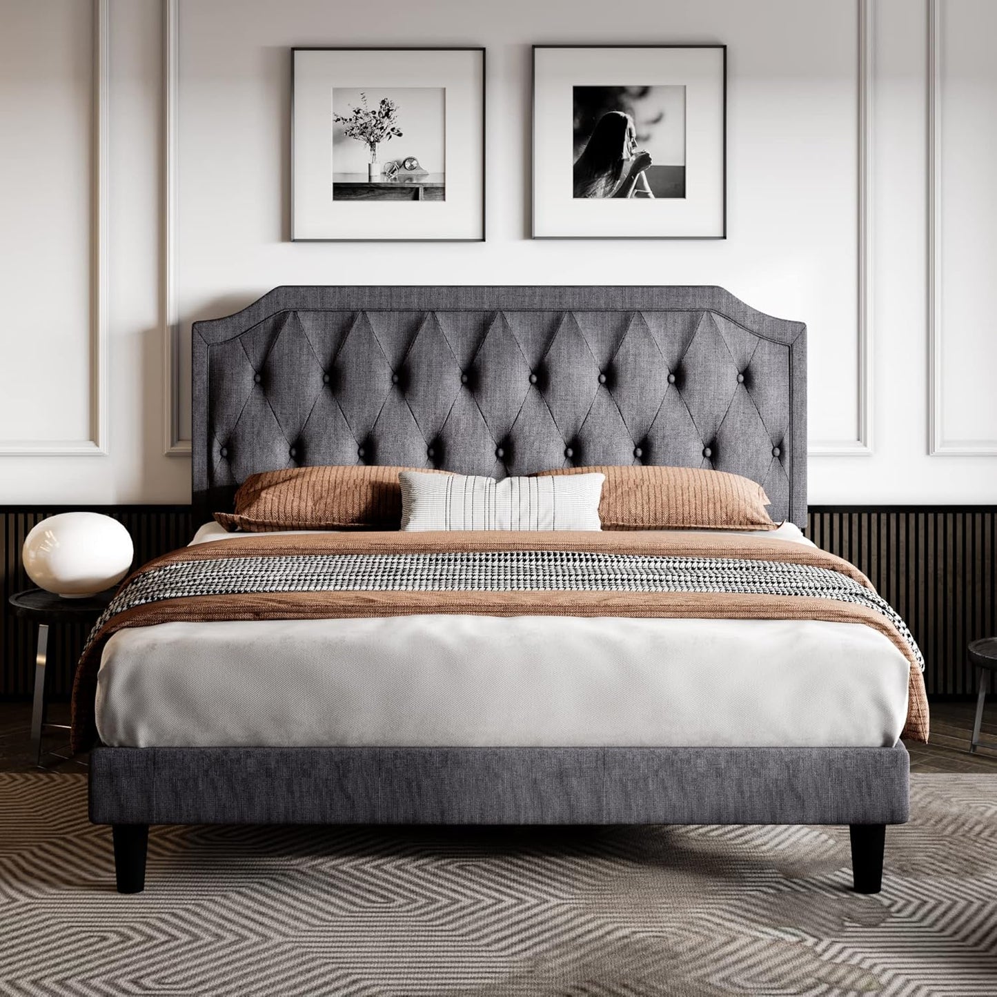 Full Size Upholstered Platform Bed with Curved Rhombic Button-Tufted Headboard – Dark Grey
