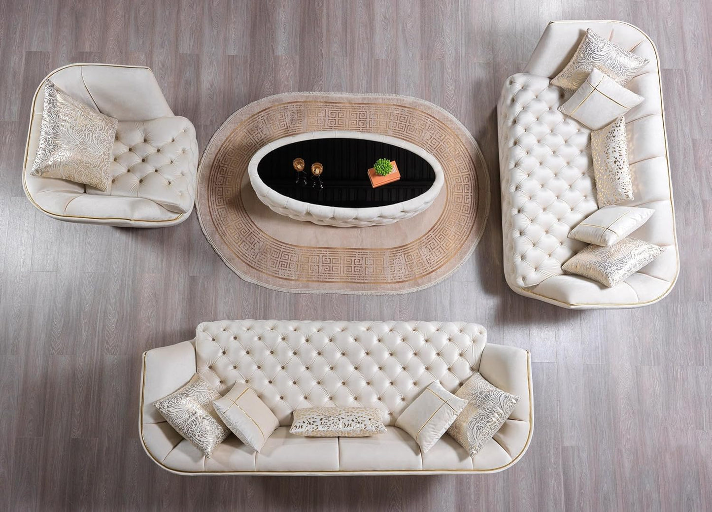 Modern living room furniture set with white sofas and a round coffee table on a wooden floor.